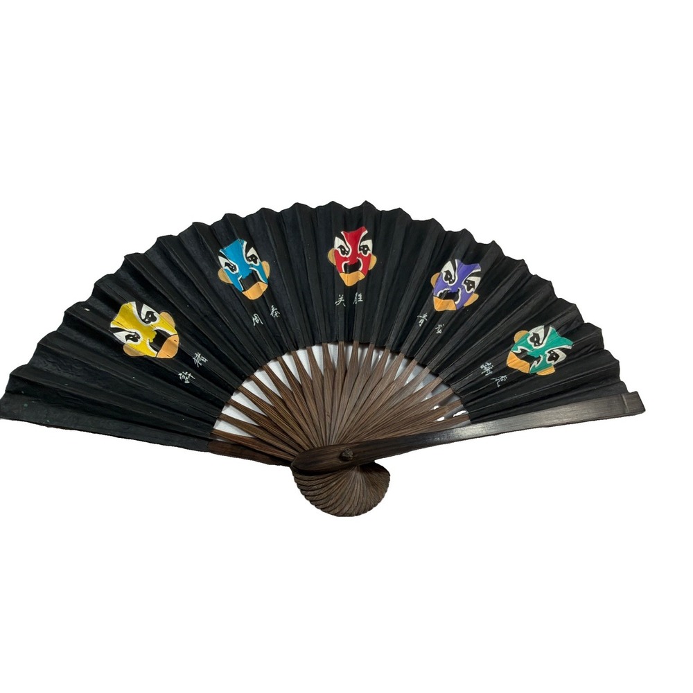 Vintage Chinese Peking Opera Mask Folding Fan Black Wood Paper w Original Box
